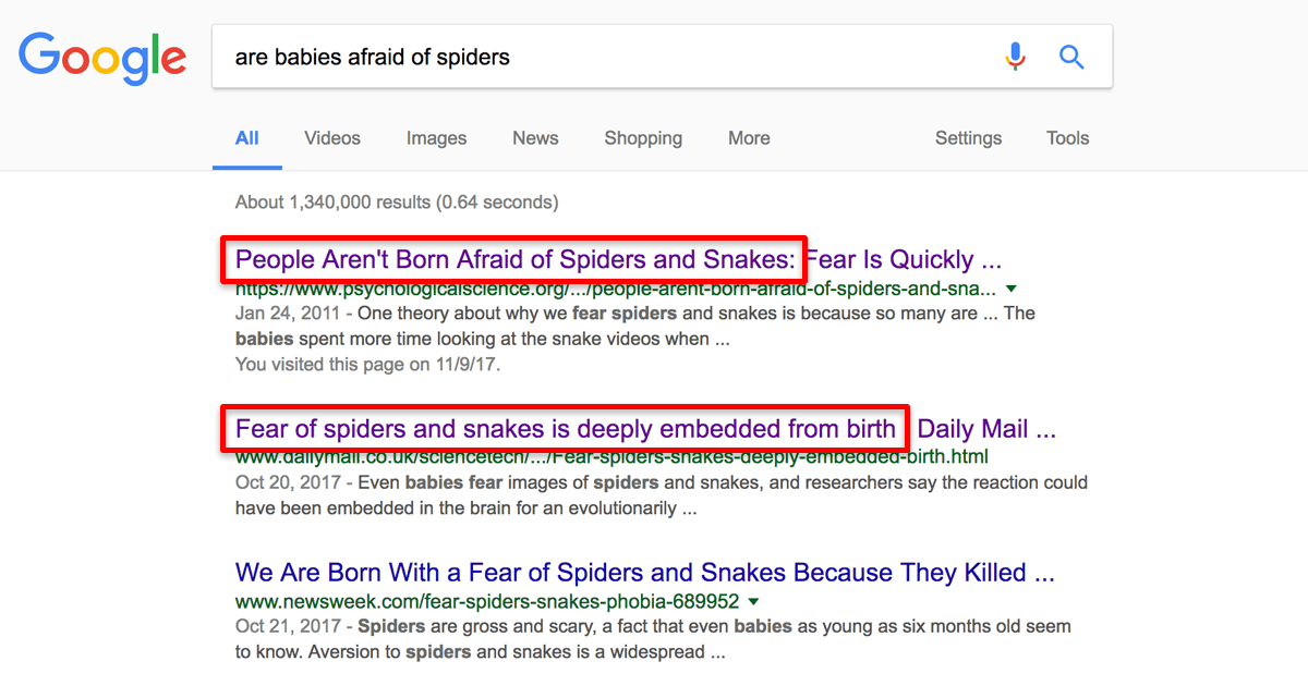 Are babies afraid of spiders? Google Search results.